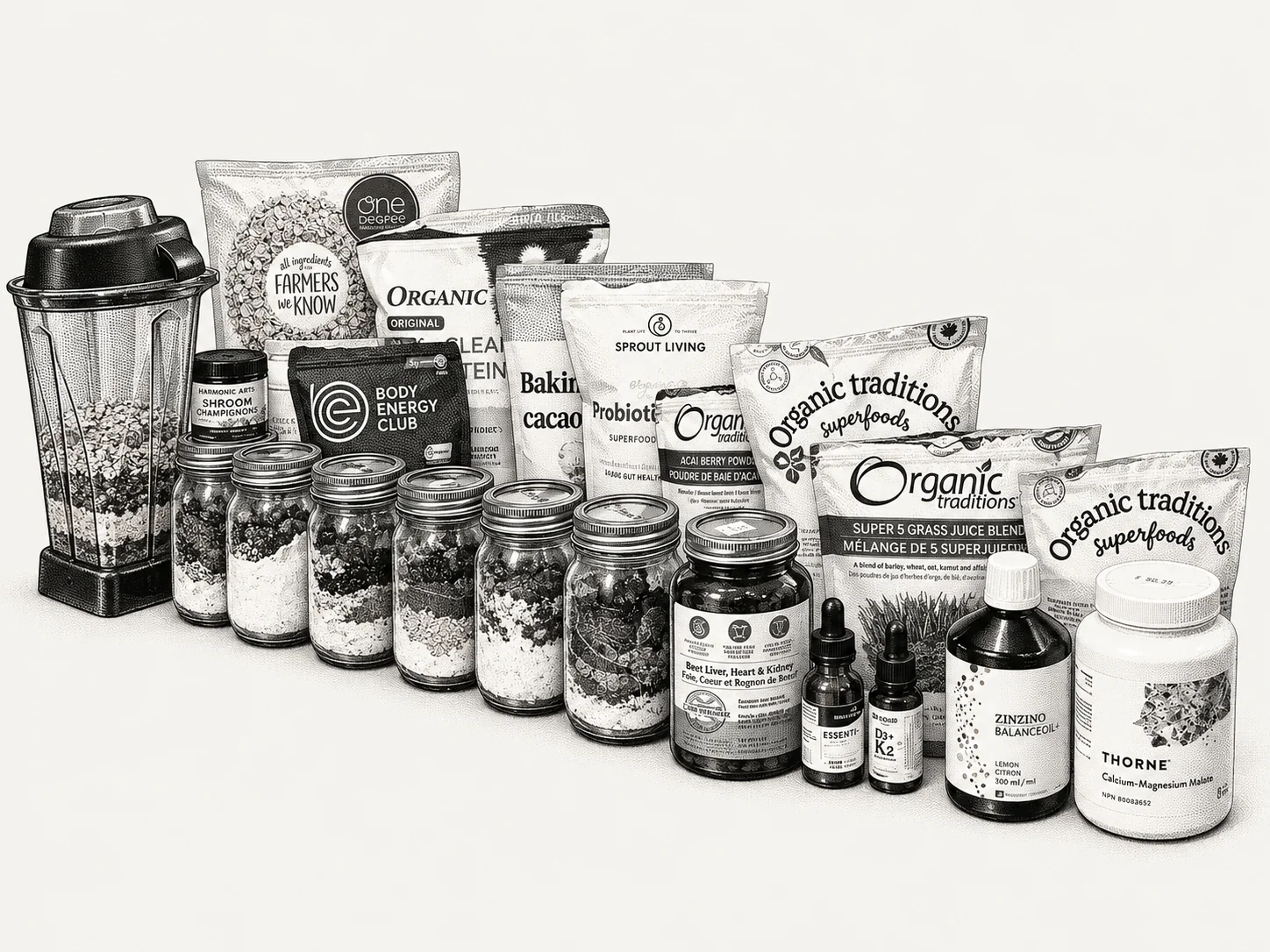 Halftone illustration of my smoothie jars, blender, ingredient bags and supplements on a plain background