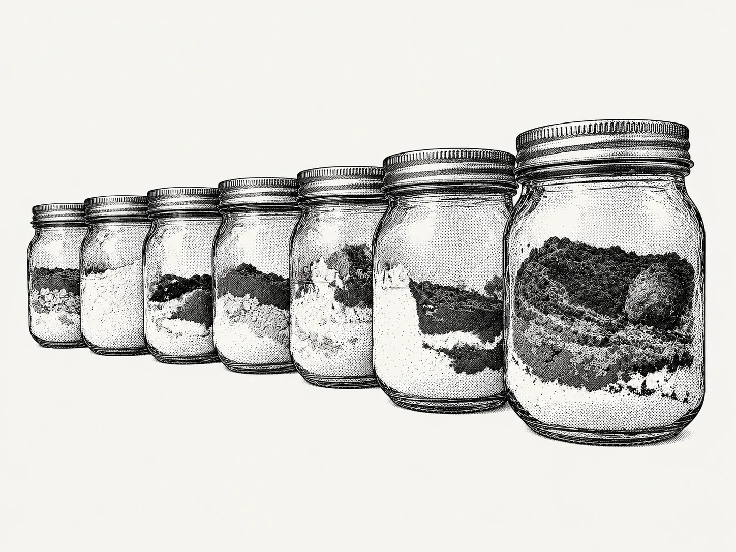 Black-and-white halftone illustration of my smoothie prep jars